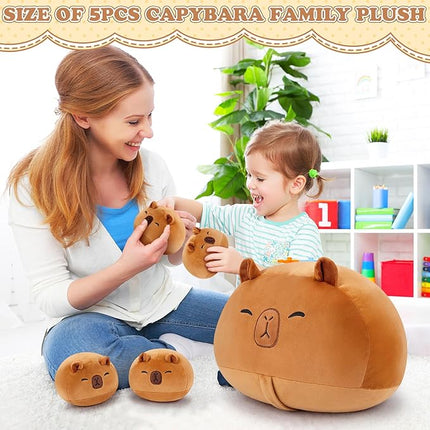 5 PCS Capybara Plush Stuffed Animal Family-19" Large Round Capybara Plush, Large Mommy Plushies with 4 Baby Plushie Toy for Kids, Kawaii Body Pillow Christmas Birthday Gifts for Kids Boys Girls