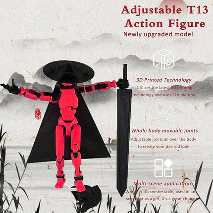 Already Assembled T13 Action Figure Accessories,Dummy 13 T13 Multi-Jointed Movable 3D Printed Toys (Red)