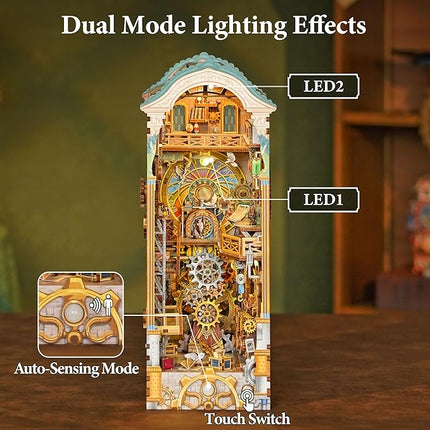 Tonecheer DIY Book Nook Kit for Adults, 3D Wooden Puzzle Bookend Miniature House Kit, Booknook Bookshelf Insert Decor with Dust Cover and LED Lights Gifts (Clock Tower)