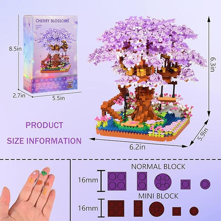 Cherry Blossom Bonsai Tree Micro Building Set Creative Gift for Adults 14+, Japanese Purple Cherry Tree House Micro Blocks Model for Adults, Flowers House 2200PCS