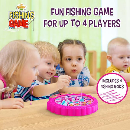 Fishing Game Play Set - 21 Fish, 4 Poles, & Rotating Board w/ On-Off Music - Family Children Backyard Pink Toy Games for Kids and Toddlers Age 3 4 5 6 7 Girls and Up
