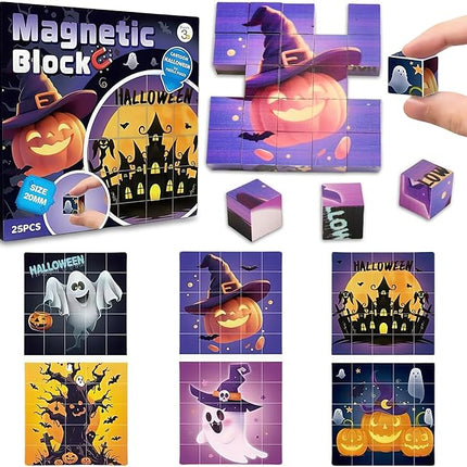 Magnetic Blocks Building Toy,Ritastar 25pcs Mine Stacking Magnet Build Cubes Cartoon Pattern World,STEM Sensory Construction Toys for Kids Gift,Educational Jigsaw Puzzle Set with 3D Halloween Designs