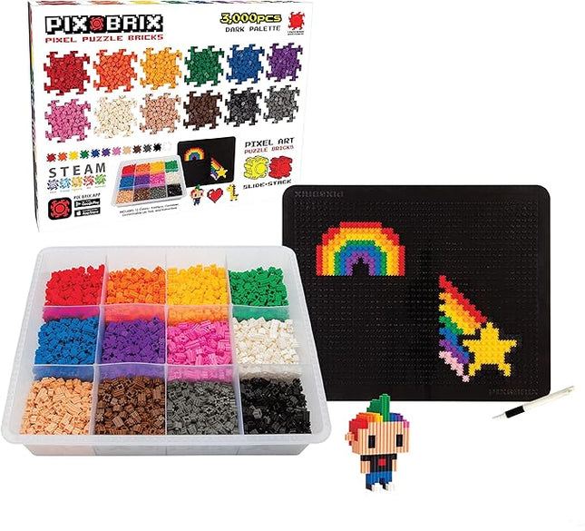 Pix Brix Pixel Art kit Puzzle Bricks - 3,000 Piece Pixel Art Container, 12 Color Dark Palette - Interlocking Building Bricks, Create 2D and 3D Builds Without Water or Glue - Stem Toys, Ages 6 Plus