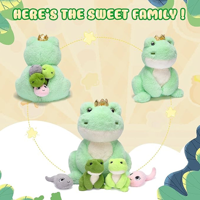 IKASA Mommy Frog Stuffed Animal Mom and Baby Plush Toy, Cute 14" Soft Small Mama Family Set Cuddly Toy with Little Mini Babies,Gifts for Kids