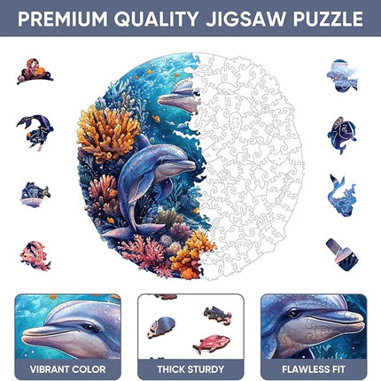 Wooden Puzzles for Adults, Dolphins World Jigsaw Puzzles 200 Pieces Unique Shape Adult Puzzles, Irregular Wood Puzzles Creative Gift for Adults Family Game(11.2 x 11.2 in)