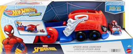 Hot Wheels Toy Car Track Set, Spider-Man Large-Scale Launcher and Hauler with Die-Cast RacerVerse Vehicle