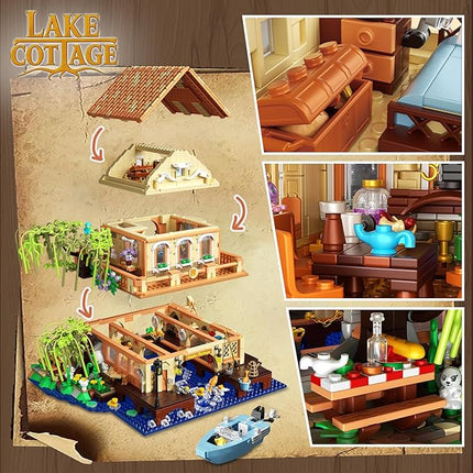 Girls Friends Vacation Lake House Buiding Set with Boat, 2190 PCS Tree House Wooden Cabin Mini Building Block Set, Educational Toy Construction Kit, Birthday Gifts for Adults,Kid,Boy,Girl Age 14+