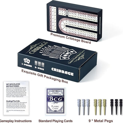 Cribbage Board Game Set - Wooden Foldable 3-Track Board with Magnetic Closure, 9 Metal Pegs, Playing Cards, Portable Family Travel Game for Gatherings and Gifts