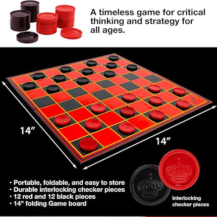 Kangaroo - Multiplayers Strategy Checker Board Game for Kids & Adults - Portable Educational Travel Cardboard Checkers - Includes Large Board w/ 24 Checkers (12 Red and 12- Black) 15x15 Inches