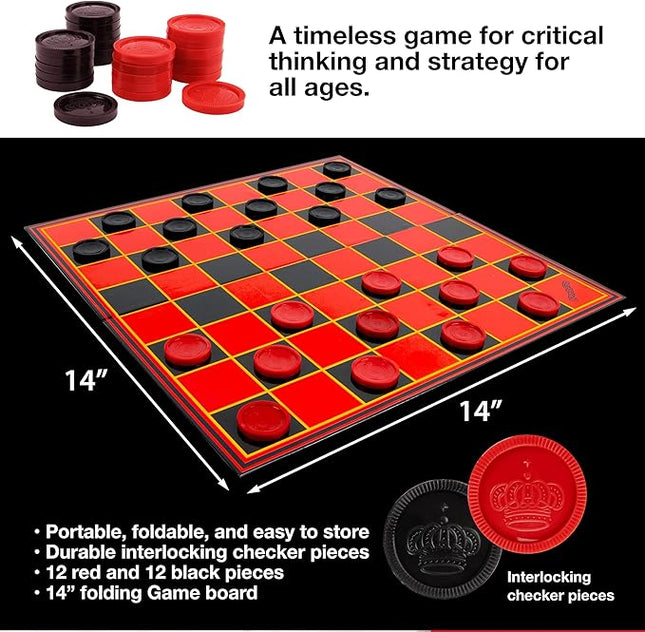 Kangaroo - Multiplayers Strategy Checker Board Game for Kids & Adults - Portable Educational Travel Cardboard Checkers - Includes Large Board w/ 24 Checkers (12 Red and 12- Black) 15x15 Inches