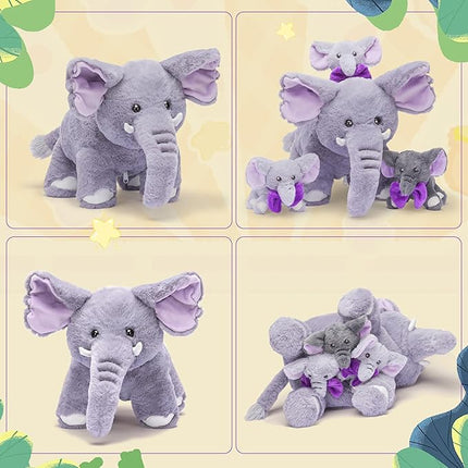 IKASA Mommy Elephant Stuffed Animal Mom and Baby Plush Toy, Cute 17" Soft Small Mama Family Set Cuddly Toy with Little Mini Babies,Gifts for Kids