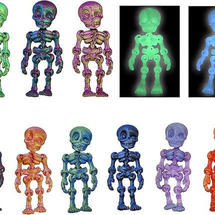 14 pcs 3D Printed Skeleton Figurines, Colorful 3.15 Inch Halloween Decorations, Fun Spooky Skull Toys for Desk, Party, or Shelf Display