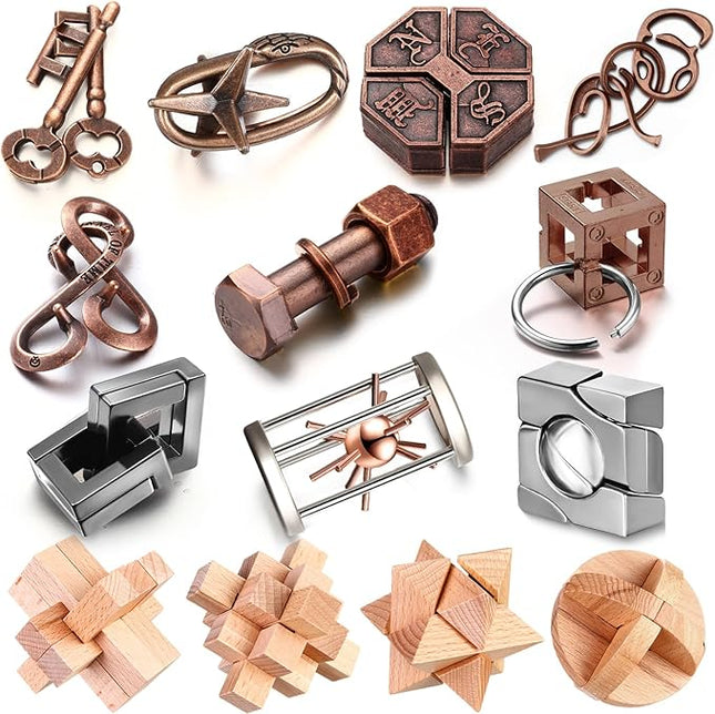 Syhood 14 Pcs Brain Teaser for Adults Metal Puzzles 3D Steel Puzzle for Adults Mind Puzzle Games Wooden Unlock Interlocking Puzzle Adult IQ Education Puzzle Toys Smart Toy (Novelty)