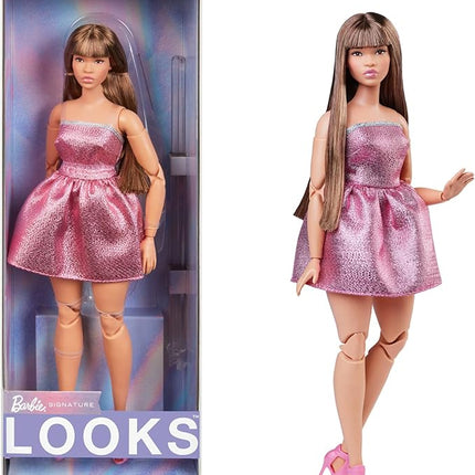Barbie Looks Doll, Collectible No. 24 with Brown Hair & Modern Y2K Fashion, Shimmery Pink Strapless Dress with Peep-Toe Heels
