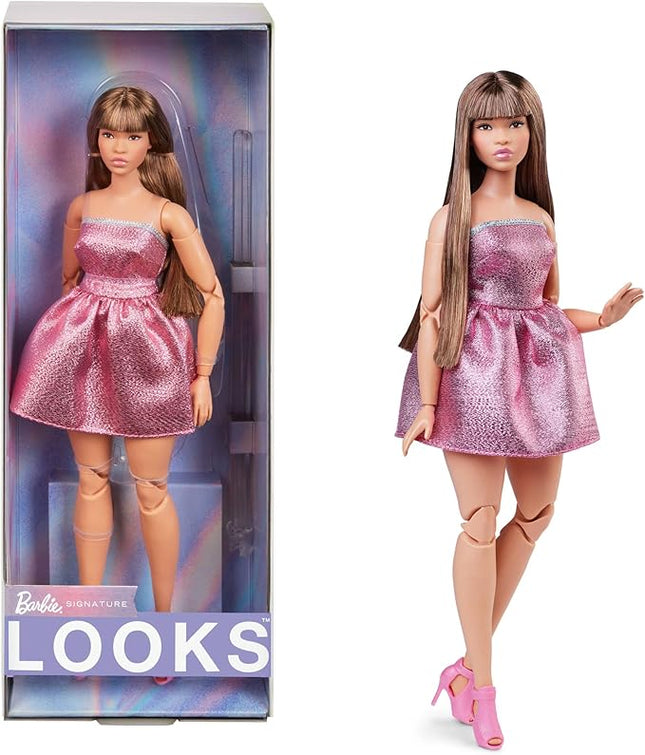Barbie Looks Doll, Collectible No. 24 with Brown Hair & Modern Y2K Fashion, Shimmery Pink Strapless Dress with Peep-Toe Heels