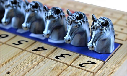 Metal Horse Race Board Game Set with Horse Racing Thick & Solid Wood Game Board, 11 Luxurious & Durable Classic Silver Colored Metal Craft Horses, Dice and Cards for Horseracing (HR-551)