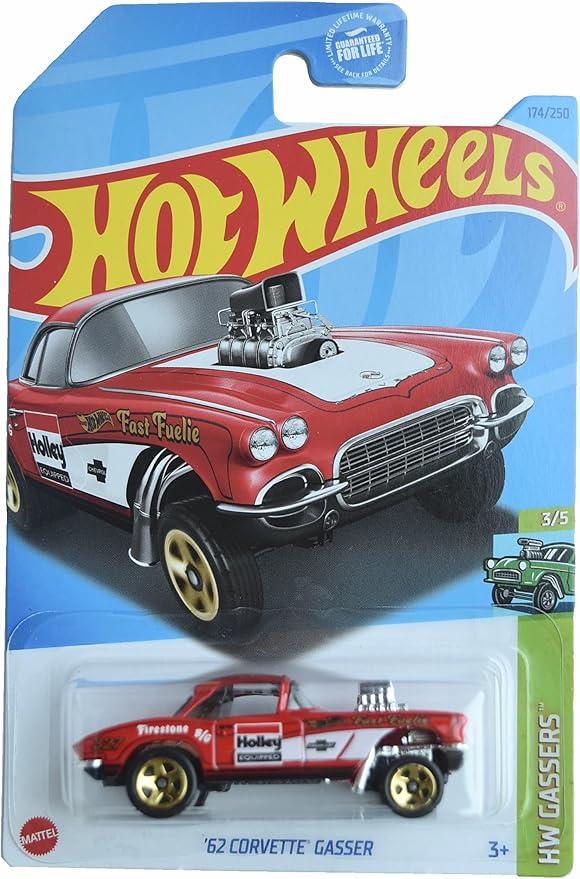 Hot Wheels 1:64 Scale '62 Corvette Gasser Die-Cast Car Model, Red, 6 x 6 x 4 inches, Pull-Back Action, Ages 3+