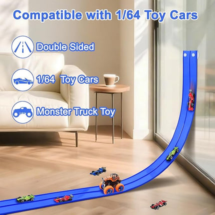 15 Ft Double Sided Flexible Race Track Set with 6 Toy Cars for Kids (Blue)