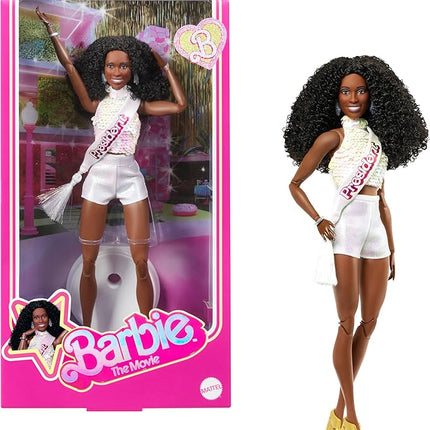 Barbie The Movie President Collectible Doll, ISSA Rae as President Wearing Shimmery White Blouse & Short Set, with Dark Curly Hair & President Sash