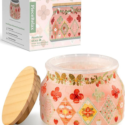 PieceRelax 3D Puzzle Jar 64 Plastic Pieces for Adults - Sweetness of Strawberry Wooden Lid Container for Kitchen Dining Study Living Room No Glue Requied Small [BC1026]