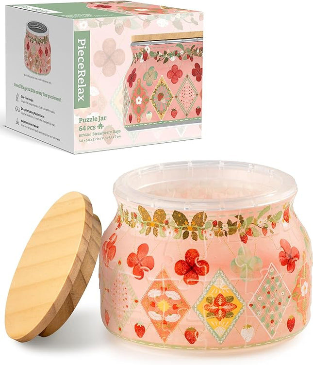 PieceRelax 3D Puzzle Jar 64 Plastic Pieces for Adults - Sweetness of Strawberry Wooden Lid Container for Kitchen Dining Study Living Room No Glue Requied Small [BC1026]