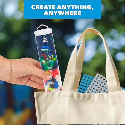 PLUS PLUS 240 Piece Interlocking Building Blocks for Kids, Open Ended Connecting Toys, STEM Bin Mini Manipulatives - Glow Mix Play Tube & Baseplate