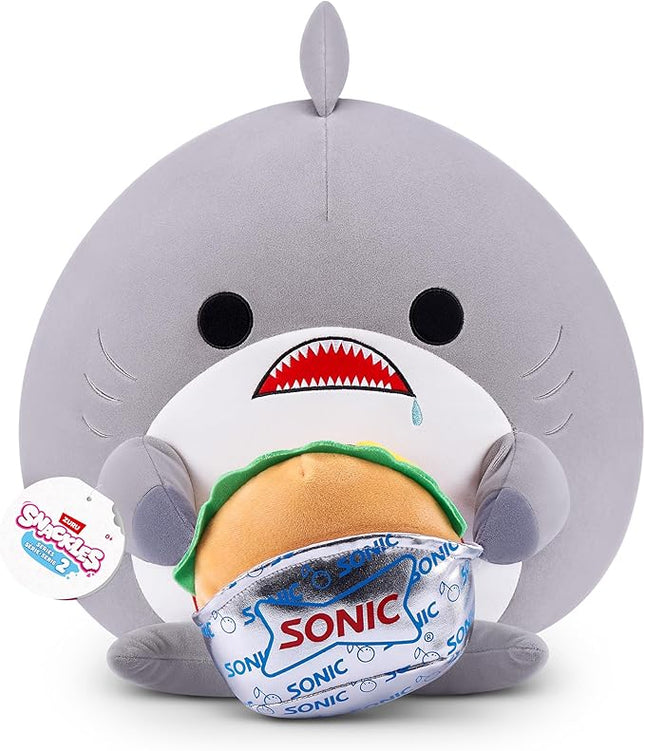Snackles Series 2 14-inch by ZURU Cuddly Squishy Comfort 14-inch Plush with Licensed Snack Brand Accessory (Shark&Sonic Burger)