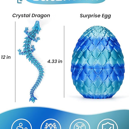 12 Inch 3D Printed Dragon - Mystery Surprise Egg with Flexible Articulated Dragon Inside, Cool Dragons Toys for Boys Kids Age 5-7