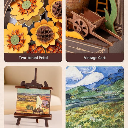 Wowood 3D Wooden Puzzles for Adults - Van Gogh Golden Sunflower DIY Model Building Kits with LED Light - Home Decor, Wall Art & Unique Creative Gifts for Art Lovers
