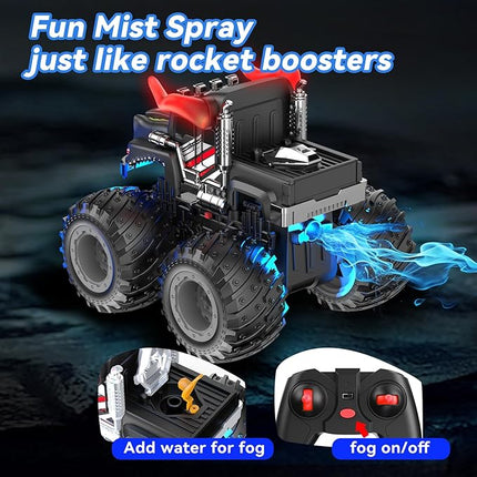 Remote Control Monster Trucks, 2.4GHz All Terrain RC Cars with Light Spray, Birthday Gift for Kids 3 4 5 6 7 8, Toddler Toys for Boys Girls 3+ Year Old