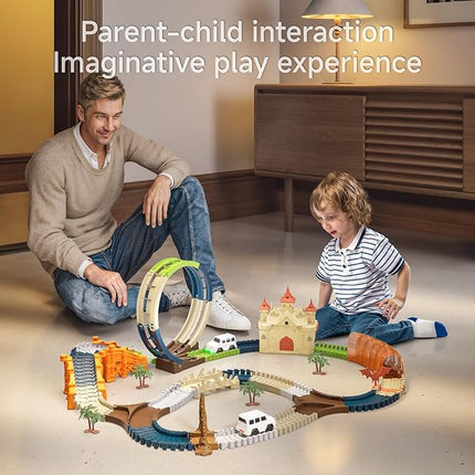 TUMAMA Race Track 202 Pcs Magic Castle Race Car Toys for Boys Girls 3 4 5 6 7 Year, 360° Rotating Flexible Train Track with Cars, Adventure Racetrack Educational Toy Set Kids Gift