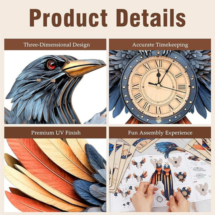 3D Wooden Puzzles for Adults Raven Clock - Crow Wall ‌‌Clock Puzzle Xmas Room Model Building Kit Creative Art Craft Gift Home Decor for DIY Enthusiasts, Brain Teaser Building Set Birthday Gifts