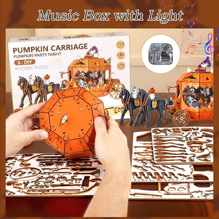 Halloween 3D Wooden Puzzles for Adults, 274 PCS Pumpkin Carriage Puzzle Kit Model with Lights, Music Box & Running Carriage, Boo Basket Stuffers Halloween Decor Indoor