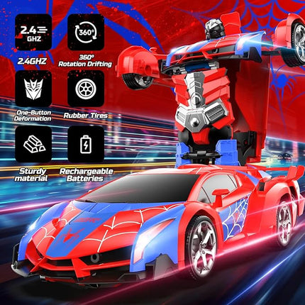 DEERC Spider RC Car Transform Robot, 2.4GHz Remote Control Spider Cars for Kids, 1:18 Scale Robot Toy Car W/One-Key Transformation, 360° Rotation, Auto Mode, Rechargeable Battery, Robot for Man Boys