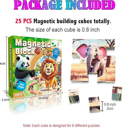 Magnetic Blocks Building Toy,Ritastar 25pcs Mine Stacking Magnet Build Cubes Cartoon Pattern World,STEM Sensory Construction Toys for Kids Gift,Educational Jigsaw Puzzle Set with 3D Zoo Animal Designs