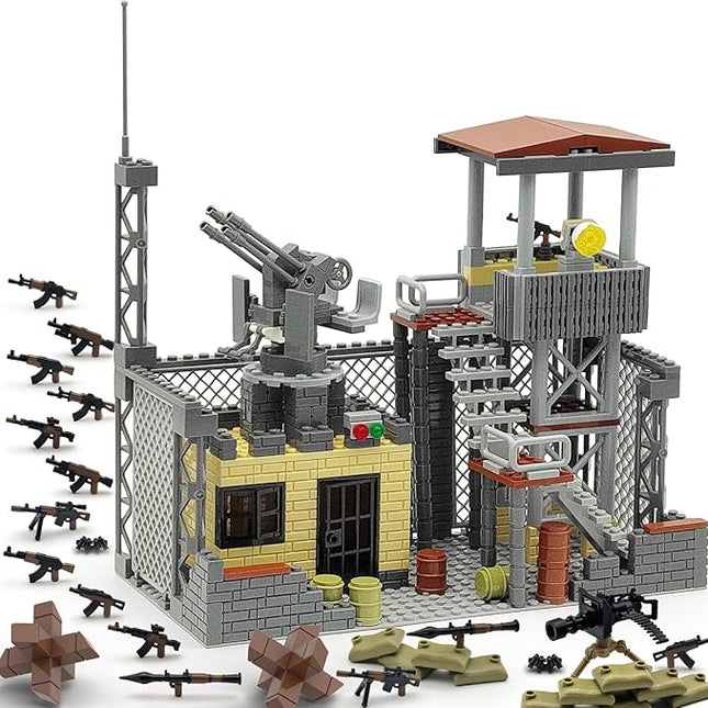 ZHX Military Base Building Block Sets - 550pcs, War Defence Base with Guard Tower, Prison and Air Defence Gun, WW2 Army Military Weapon Pack Accessories Kits Brick Toy for Kids