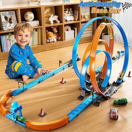 Toy Car Race Track Set for Boys Kids Age 3-5 4-7, Race Tracks with 4 High-Speed Pull Back Race Cars and Crash Zones, Christmas Halloween Birthdays Gifts Toys for Boys Kids 4-6 8-12 Years Old