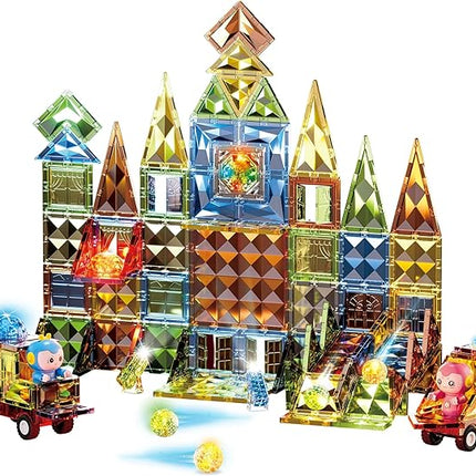 Deluxe Quality Magnetic Tiles Building Set with Attractive Reflective Pattern, LED Lights, Marble Run, and Cars - STEM Educational Toy for Creative Kids Girls Boys 3+ (147 pcs Big Castle with 2 Cars)