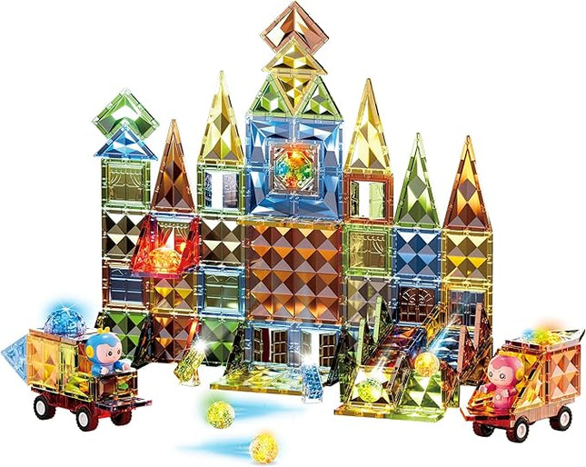 Deluxe Quality Magnetic Tiles Building Set with Attractive Reflective Pattern, LED Lights, Marble Run, and Cars - STEM Educational Toy for Creative Kids Girls Boys 3+ (147 pcs Big Castle with 2 Cars)