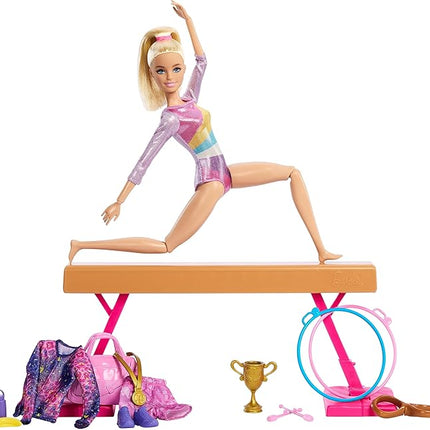 Barbie Gymnastics Doll & Accessories, Playset with Blonde Fashion Doll, C-Clip for Flipping Action, Balance Beam, Warm-Up Suit & More