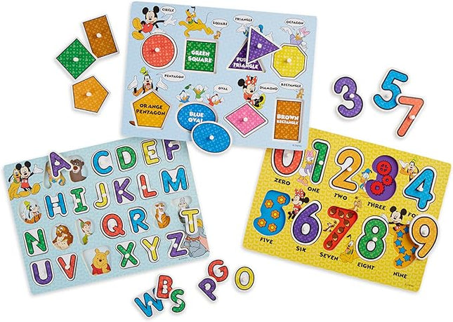 Melissa & Doug Disney Wooden Peg Puzzles Set: Letters, Numbers, and Shapes and Colors
