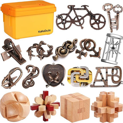 Metal Brain Teaser Puzzles Ring Puzzles Metal Wooden Brain Teaser Puzzle 16pcs Logic Metal Puzzle for Adult Kid Toy Lock Puzzles Gift for Adults Teenagers Kids
