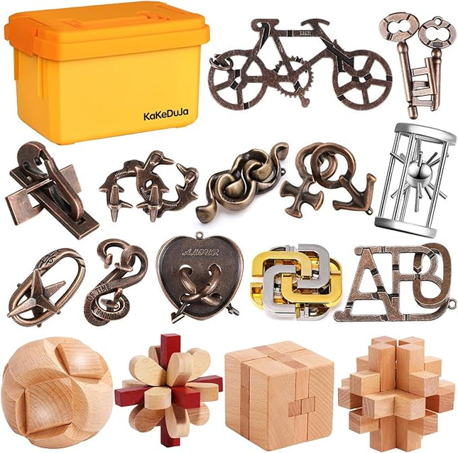Metal Brain Teaser Puzzles Ring Puzzles Metal Wooden Brain Teaser Puzzle 16pcs Logic Metal Puzzle for Adult Kid Toy Lock Puzzles Gift for Adults Teenagers Kids