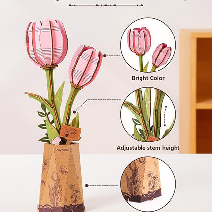 rowood Wooden Flower,3D Puzzles for Adults,Artifical Flower Botanical Collection Building Kit,Mother's Day/Valentine's Day Pink Tulip