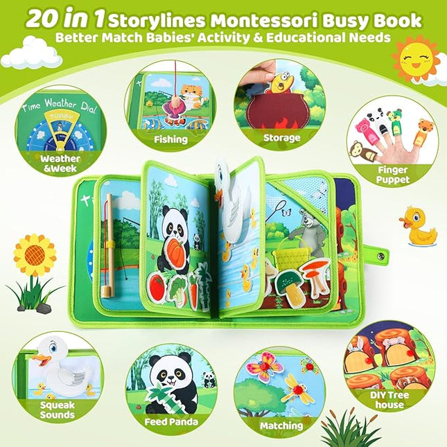 Busy Book for Toddlers 1-3, Montessori Toys Busy Board for 1 Year Old Fishing Game Finger Puppet Motor Skill, Quiet Airplane Travel Essential Activities 1 2 3 Birthday Easter Valentines Gift Boy Girl
