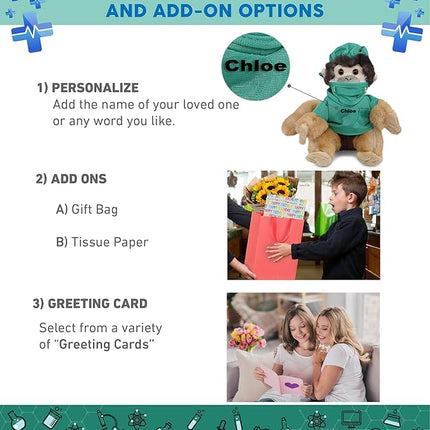 DolliBu Squirrel Monkey Doctor Plush Toy - Super Soft Squirrel Monkey Doctor Stuffed Animal Dress Up with Cute Scrub Uniform and Cap Outfit with Personalization - 12.5 Inch