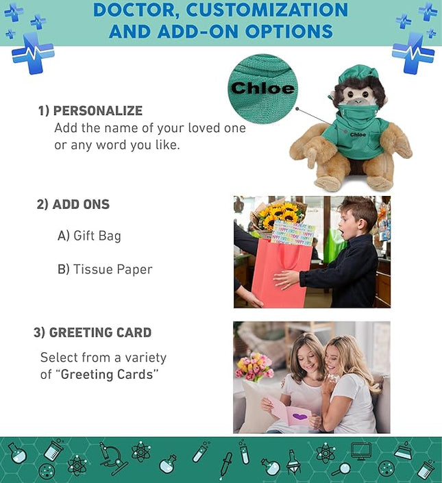 DolliBu Squirrel Monkey Doctor Plush Toy - Super Soft Squirrel Monkey Doctor Stuffed Animal Dress Up with Cute Scrub Uniform and Cap Outfit with Personalization - 12.5 Inch