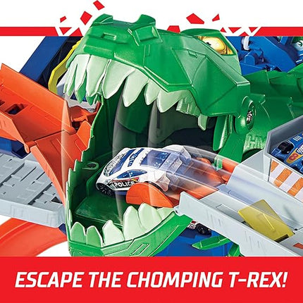 Hot Wheels Ultimate Garage Track Set with 2 Toy Cars, Hot Wheels City Playset with Multi-Level Side-by-Side Racetrack, Moving T-Rex Dino & Storage for 100+ 1:64 Scale Vehicles (Amazon Exclusive)