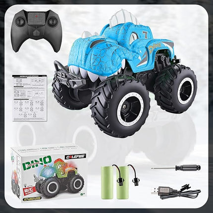 Amphibious Monster Truck Toys, 1:20 Waterproof Dinosaur Monster Trucks for Boys Age 4-7, 2.4GHz All Terrain RC Cars with 2 Batteries, 360° Rotating Stunt RC Car Toy Birthday Gift for Kids 3-5