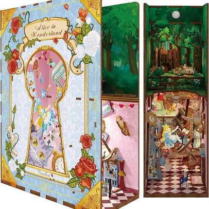 Tonecheer DIY Book Nook Kit for Adults,3D Wooden Puzzle Bookend Bookshelf Insert Library Decor, Booknook Miniature House Kit with Body Motion Sensor LED Light (Alice in Wonderland)
